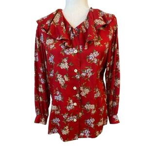 Liz Sports Vintage 90s Ruffle Cottage Floral Ruffle Blouse Petite
